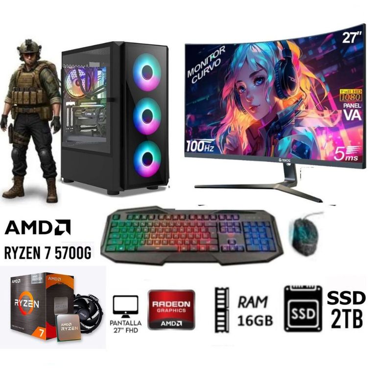 Computadora PC GAMER 7-5700G RAM 16GB DISCO SOLIDO SSD 2TB MONITOR 27”