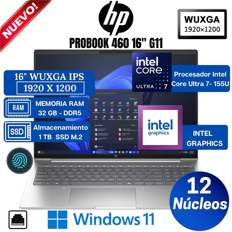 Laptop Probook 460 G11 16” WUXGA IPS, Intel Core Ultra 7-155U, Ram 32GB, Ssd 1 TB, Win 11 Pro
