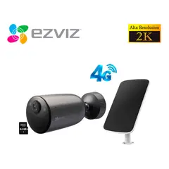 EZVIZ - Cámara EB3 4G 2K 3MP Inteligente Exterior Con Chip Batería Panel solar SD 64GB