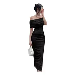 GIOIO - Vestido Elegante Largo Plisado Liso De Un Hombro Para Mujer