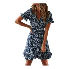 GIOIO - Vestido Floral Cruzado Con Cinturón Incorporado Manga Farol