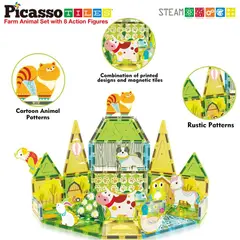 PICASSO TILES - Juego de Bloques de Construcción Magnéticos Granja de 52 piezas incluye 8 figuras de animales