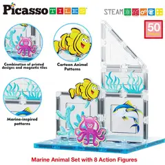 PICASSO TILES - Juego de Bloques de Construcción Magnéticos Mundo Marino de 52 piezas incluye 8 figuras de animales