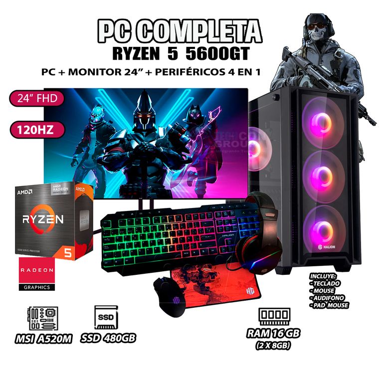 Computadora Completa Ryzen 5 5600GT RAM 16GB DISCO 500GB SSD MONITOR 24" FHD