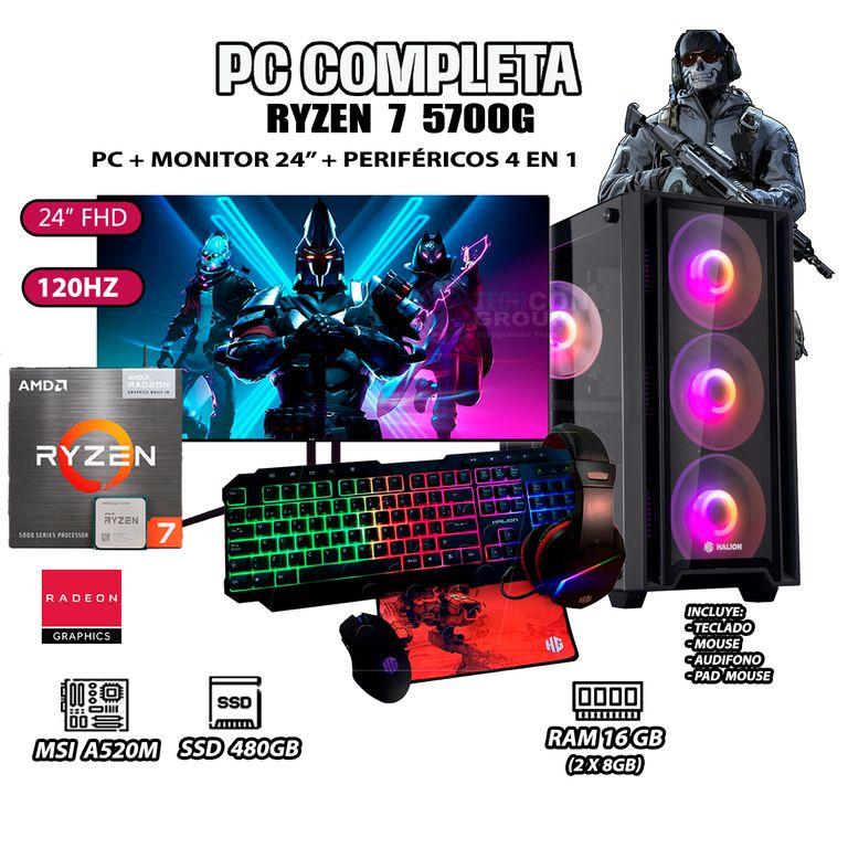 Computadora Completa Ryzen 7 5700G RAM 16GB DISCO SSD 500GB MONITOR 24" FHD