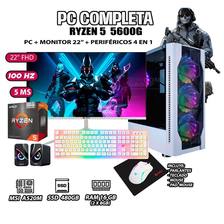 Computadora Completa Ryzen 5 5600GT RAM 16GB DISCO 500GB SSD MONITOR 22" FHD