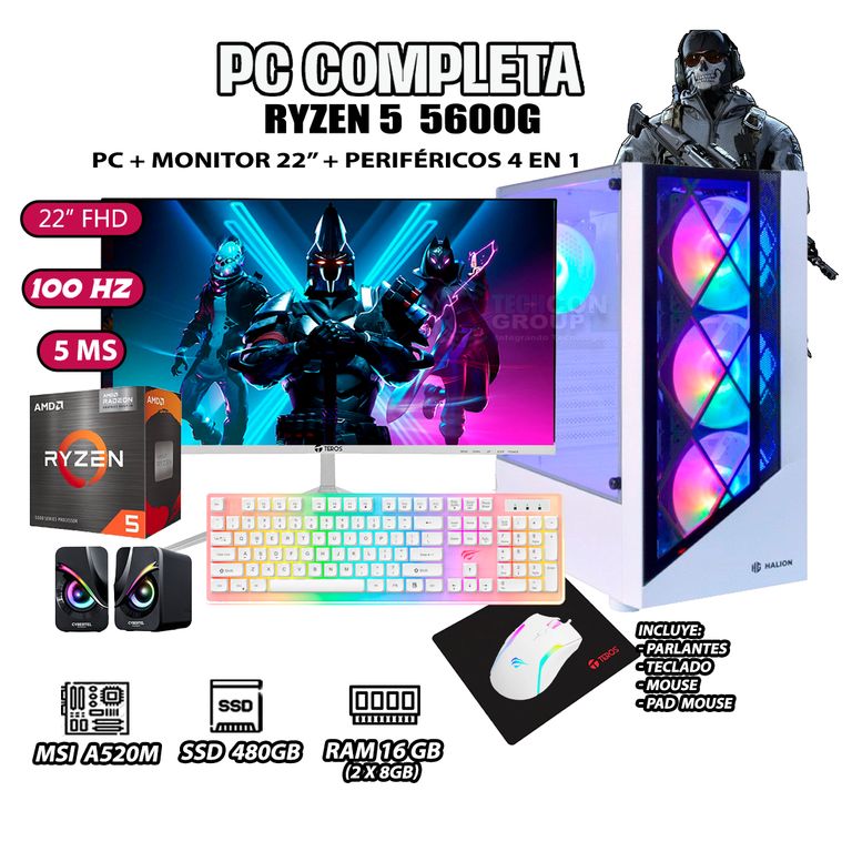Computadora Completa Ryzen 5 5600GT RAM 16GB DISCO SSD 500GB MONITOR 22" FHD