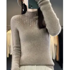 TIOZONEY - Suéter de cuello medio alto para mujeres - Café