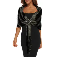 KAST PE - Chal Serena Regulable Negro con Brillos con Flecos de Hilo para fiesta