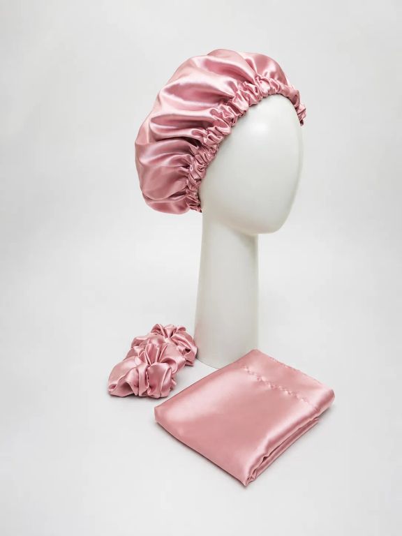 Gorro de dormir mas funda de satin palo rosa ,