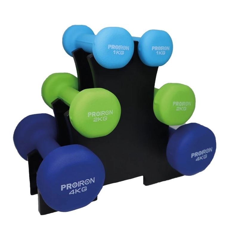 Set de Mancuernas de Neopreno de 1KG Celeste 2KG Y 4KG+Rack