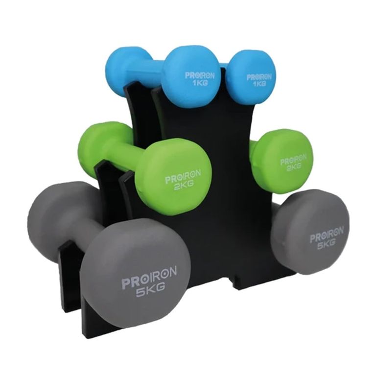 Set de mancuernas de neopreno de 1KG Celeste 2KG Y 5KG + Rack