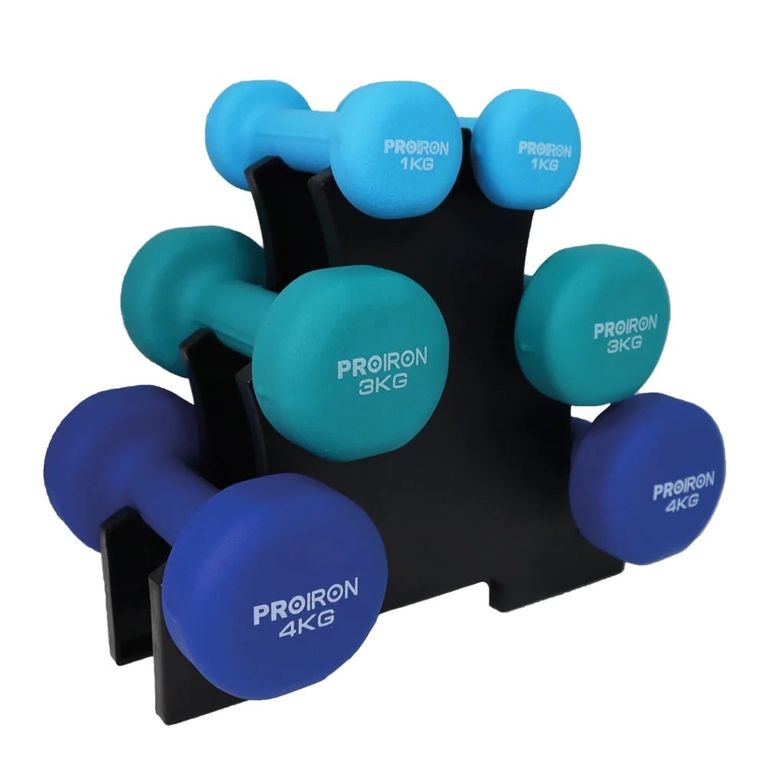 Set de mancuernas de neopreno de 1KG Celeste 3KG Y 4KG + Rack