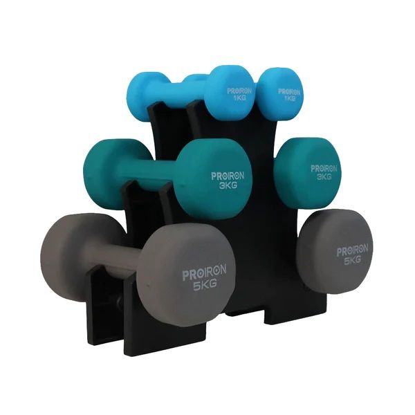 Set de mancuernas de neopreno de 1KG Celeste 3KG Y 5KG + Rack