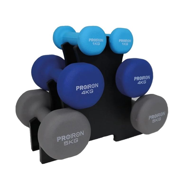 Set de mancuernas de neopreno de 1KG Celeste 4KG Y 5KG+Rack
