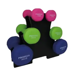 PROIRON - Set de Mancuernas de Neopreno de 1KG Rosa 2KG Y 4KG+Rack