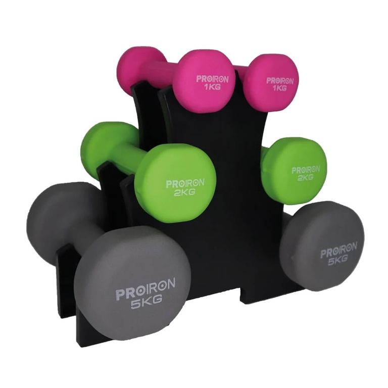 Set de mancuernas de neopreno de 1KG Rosado 2KG Y 5KG + Rack