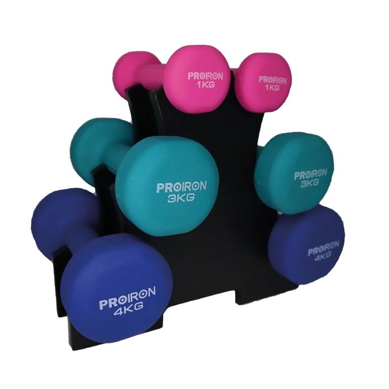 Set de mancuernas de neopreno de 1KG Rosado 3KG Y 4KG + Rack