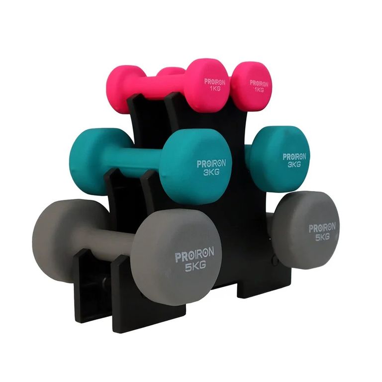 Set de mancuernas de neopreno de 1KG Rosado 3KG Y 5KG + Rack