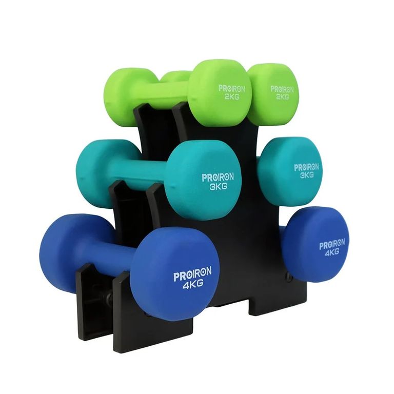 Set de mancuernas de neopreno de 2KG 3KG Y 4KG + Rack