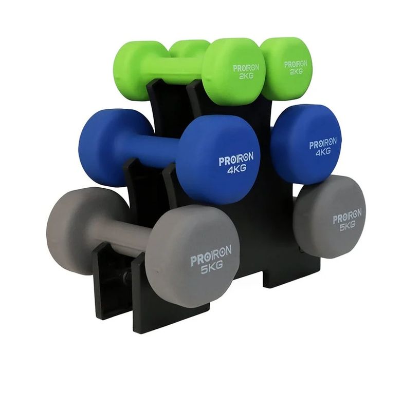 Set de mancuernas de neopreno de 2KG 4KG Y 5KG + Rack