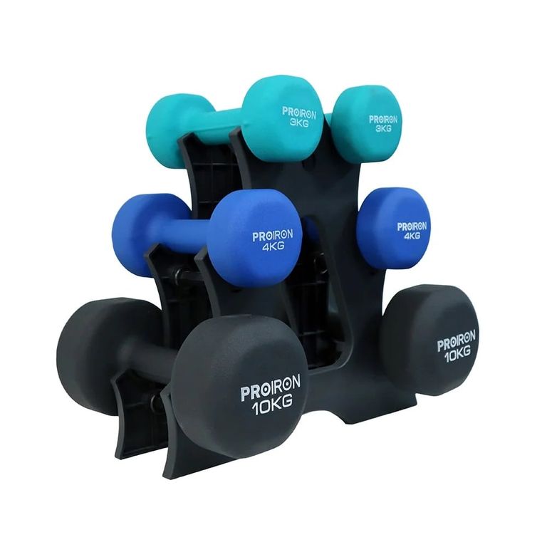 Set de mancuernas de neopreno de 3KG 4KG Y 10KG + Rack