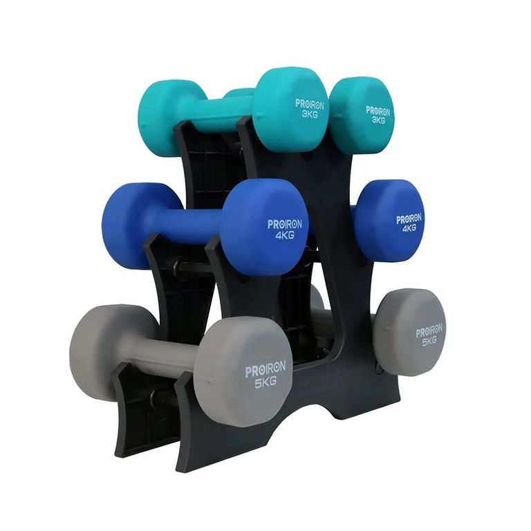 Set de mancuernas de neopreno de 3KG 4KG Y 5KG + Rack