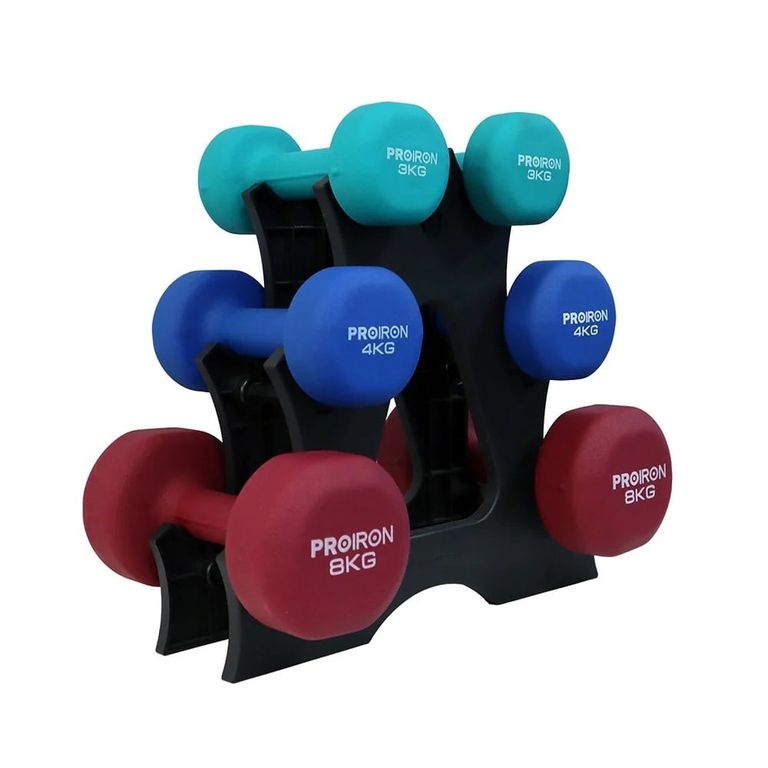 Set de mancuernas de neopreno de 3KG 4KG Y 8KG + Rack