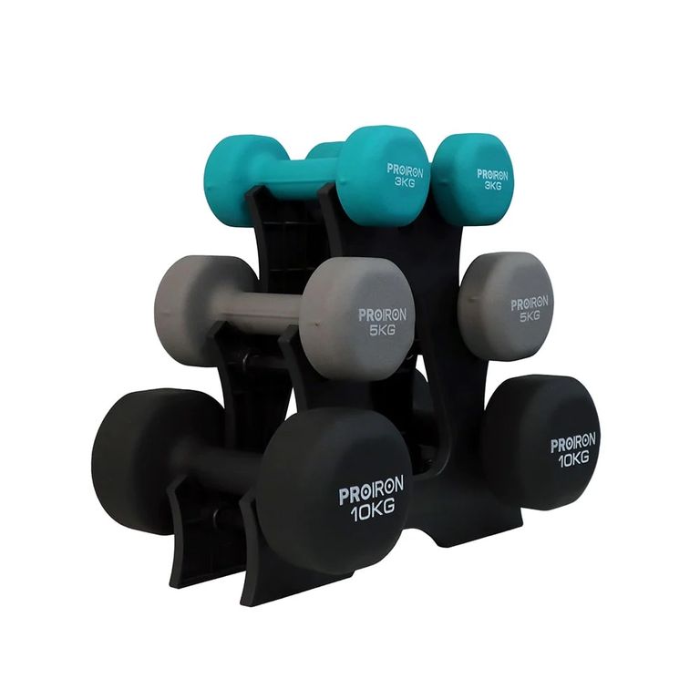 Set de mancuernas de neopreno de 3KG 5KG Y 10KG + Rack
