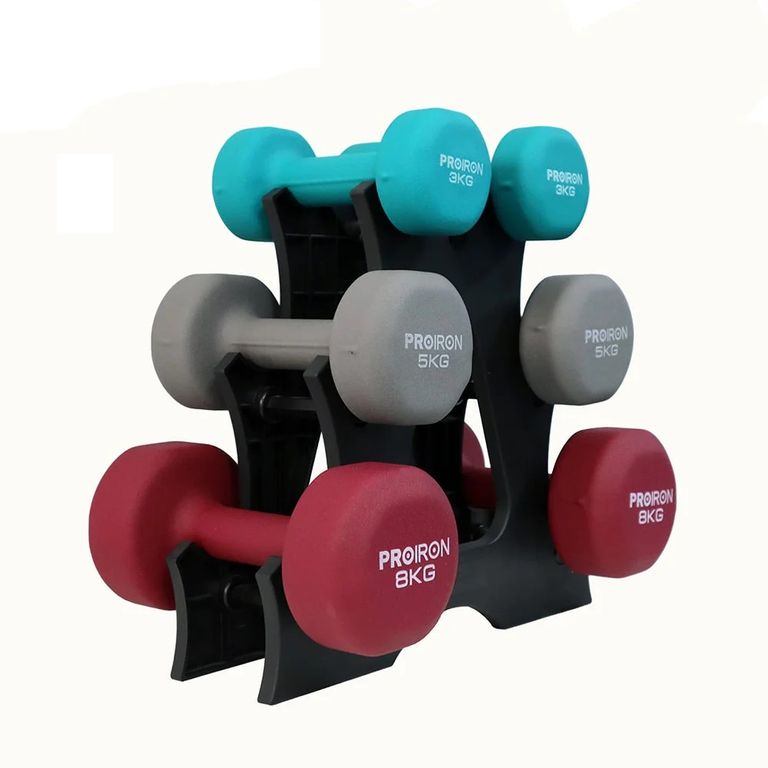 Set de mancuernas de neopreno de 3KG 5KG Y 8KG + Rack