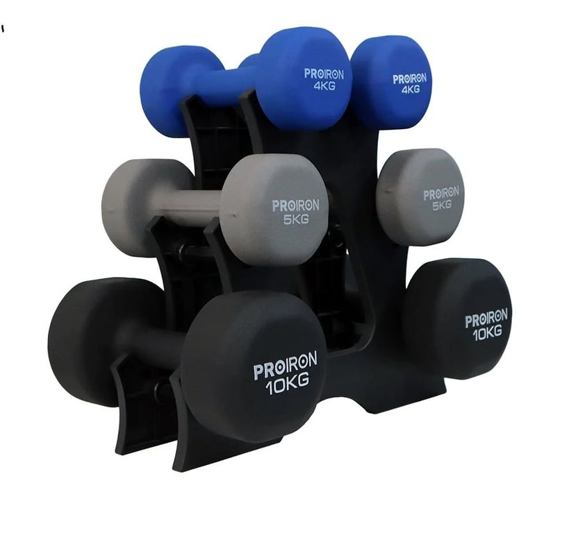Set de mancuernas de neopreno de 4KG 5KG Y 10KG + Rack