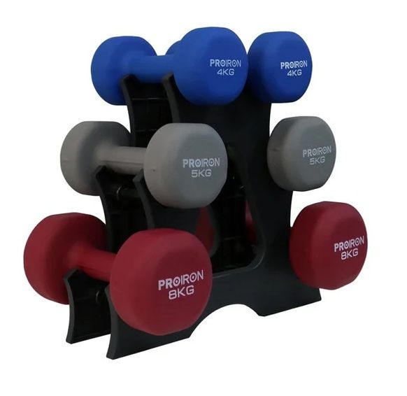 Set de mancuernas de neopreno de 4KG 5KG Y 8KG + Rack