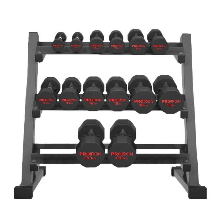 Set de mancuernas dodecagonales de 196KG + Rack de Acero