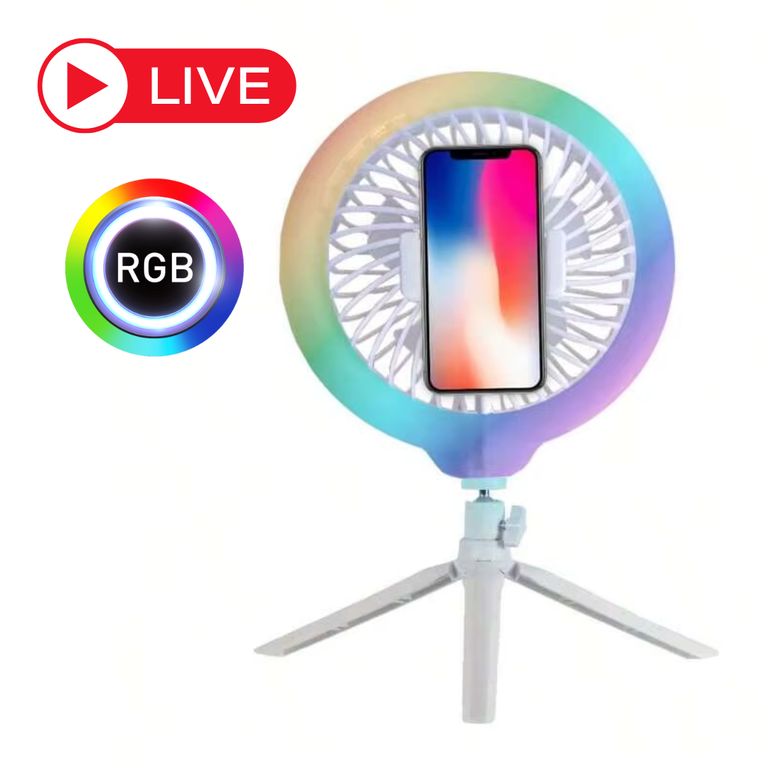 Ventilador con Aro de Luz Led 26cm Holder Celular + Tripode Live Streaming