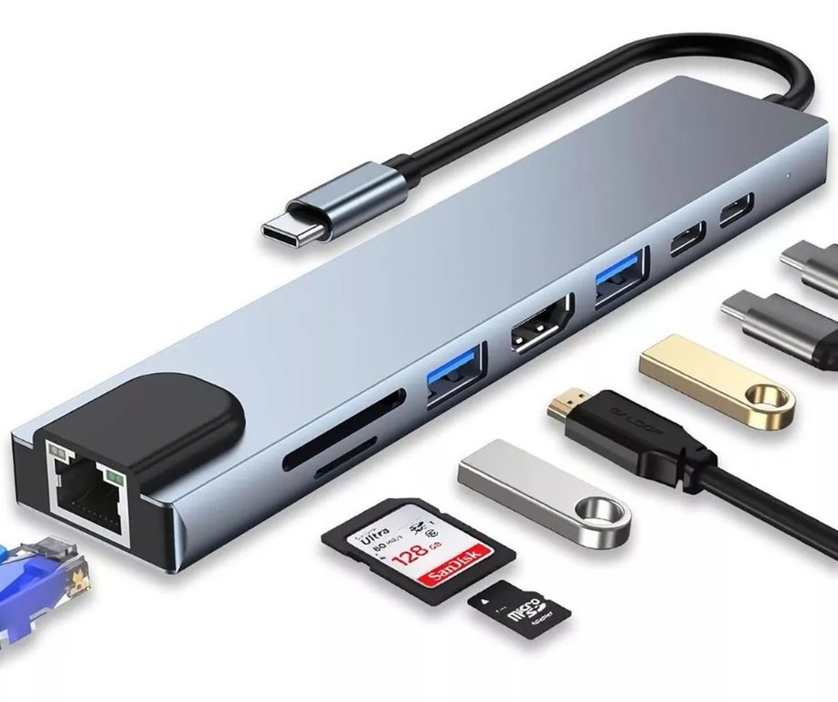 Hub Usb Tipo C 8 En 1 Lan Hdmi Usb 3.0 Sd Tf Laptop Celular