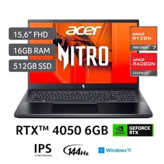 ACER - Laptop Gamer Nitro RYZEN 7 7735HS 16GB 512SSD RTX4050-6GB 15.6FHD WINDOWS 11