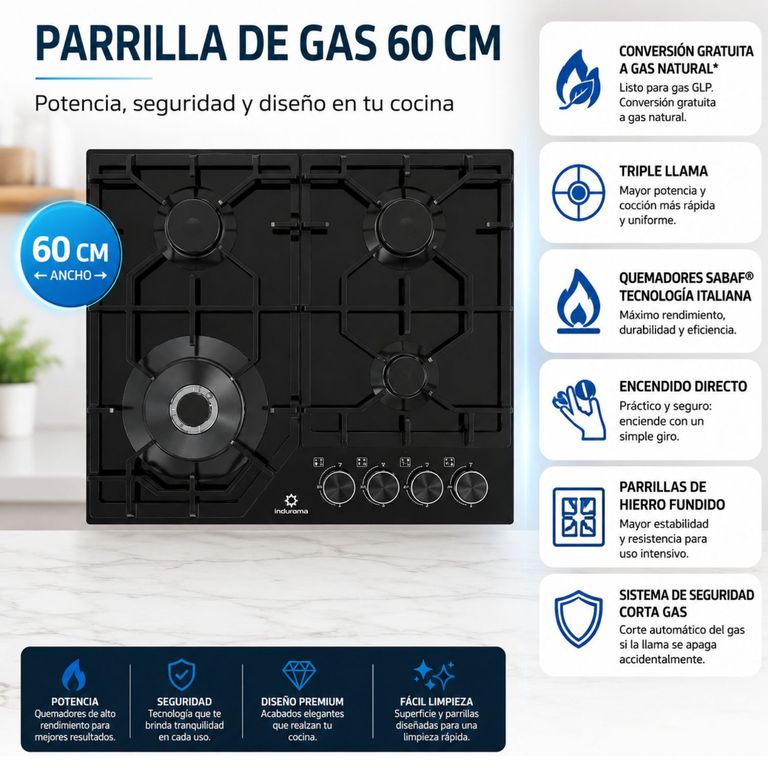 ENCIMERA EMPOTRABLE A GAS GLP 4 HORNILLAS EGASI-604CGNE