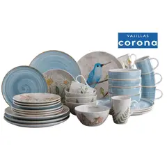 CORONA - Juego de Vajilla Lovely Caoba Azul 32 Piezas - 8 puestos -