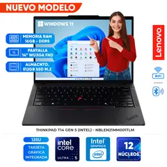 LENOVO - Laptop T14 Gen 5, Core Ultra 5-125U, 16GB DDR5, 512GB SSD, 14 WUXGA IPS