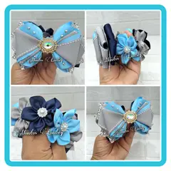 GENERICO - Moñera Escolar Celeste Plomo y Azul Noche - Moñitos Lindsey