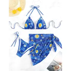 GENERICO - BIKINI LOLITAS AZUL TROPICAL PLAYERO CON PAREOS