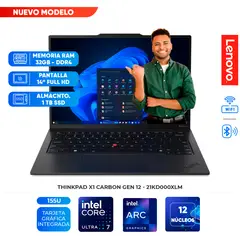 LENOVO - Laptop Thinkpad X1 Carbon Gen 12, Core Ultra 7 155U, 32GB LPDDR5x, 1TB SSD, 14" WUXGA IPS