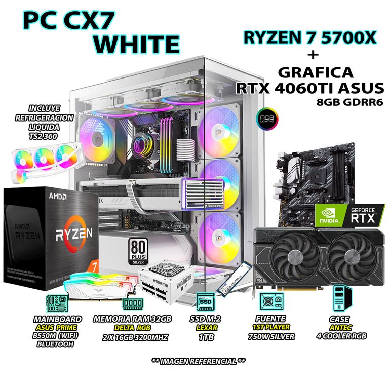 Computadora PC Gamer 7 5700X RAM 32GB SSD 1TB GRAFICA RTX 4060TI 8GB