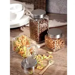 ORIGINARIA - Frascos de Vidrio Cuadrado con tapa de Acero inox  3 piezas