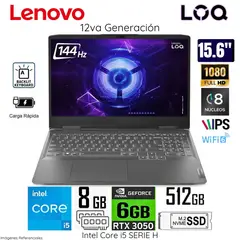 LENOVO - Laptop Gamer LOQ 15IRH8 Intel Core i5 12450H 8GB RAM 512GB SSD RTX3050 15.6 " FHD 82XV00T8LM