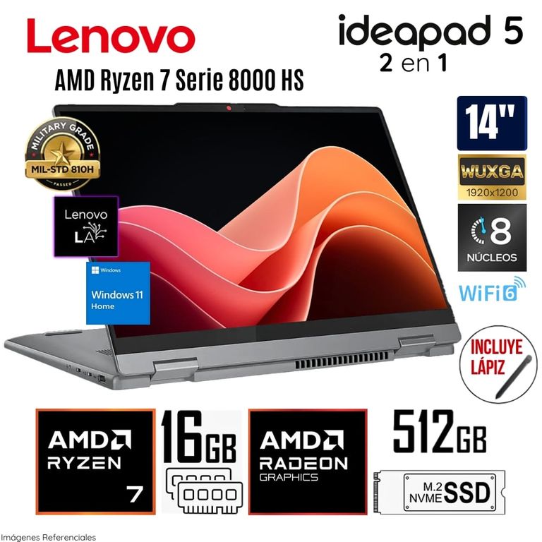 Laptop Ideapad 5 2 en 1 AMD Ryzen 7 8845HS 16GB LPDDR5 RAM 512GB SSD 14" WUXGA - 83DR005ULM