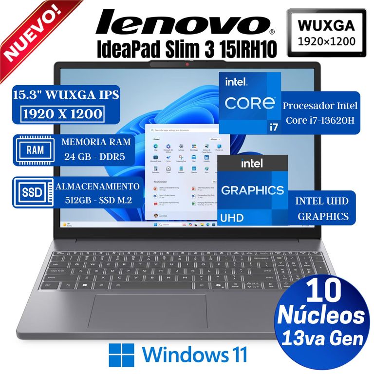 Laptop Ideapad Slim 3 15IRH10 15.3” WUXGA IPS, Core i7-13620H, Ram 24GB, Ssd 512 GB, Win 11
