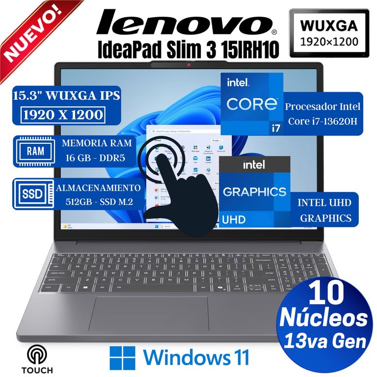 Laptop IdeaPad Slim 3 15IRH10 15.3" WUXGA Touch, Core i7-13620H, Ram 16GB,SSD 512GB, Win 11