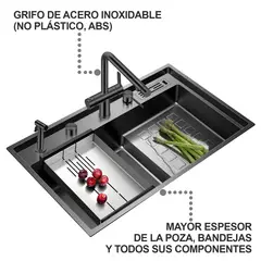 HIGRILL - Lavadero Multifuncional De Lujo y Griferia Dual de Acero Inoxidable 304 Negro con Diseño Escalonado