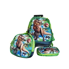 GENERICO - Mochila Lonchera y Cartuchera Oficio 3Pzas Relieve y Luces Dino Verde